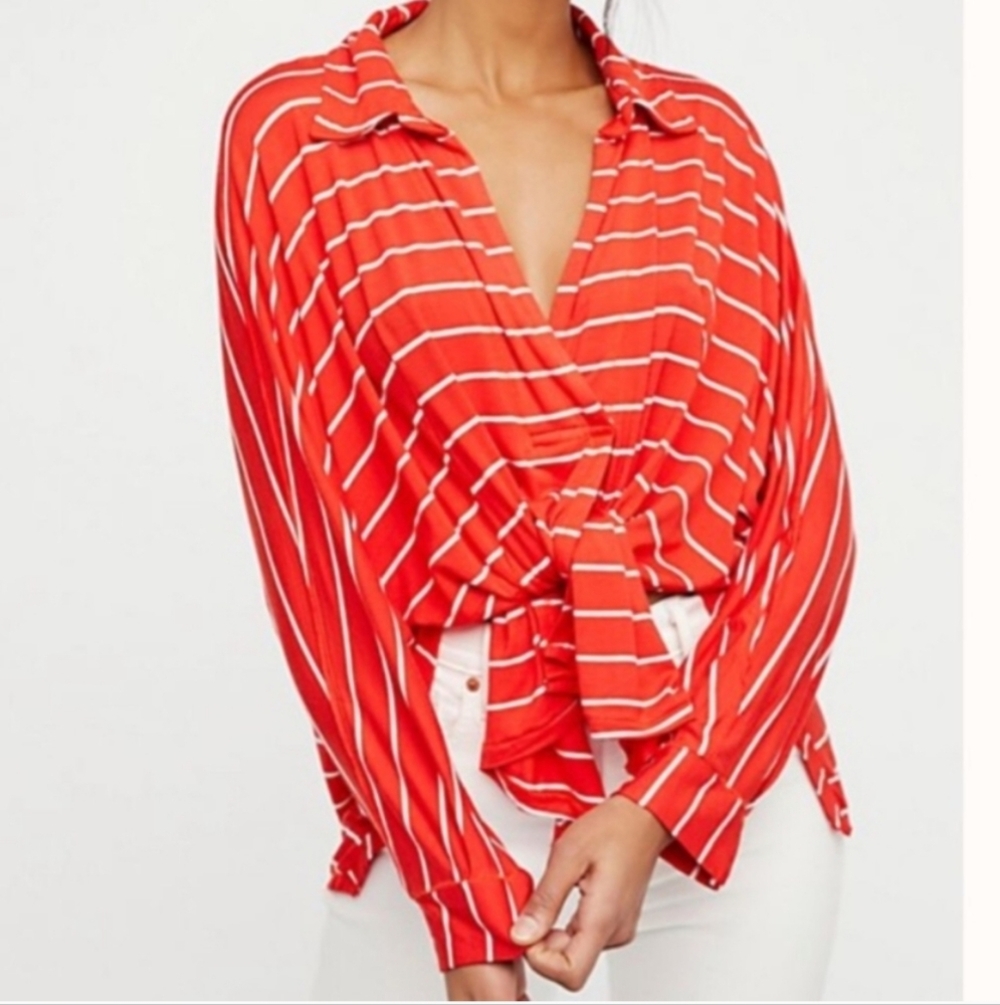 Free People We The Free Top XS Red White Striped Boho Oversized Long Sleeve